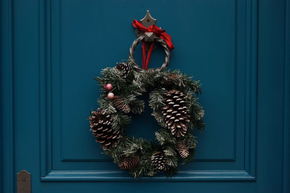 Christmas wreath on blue door