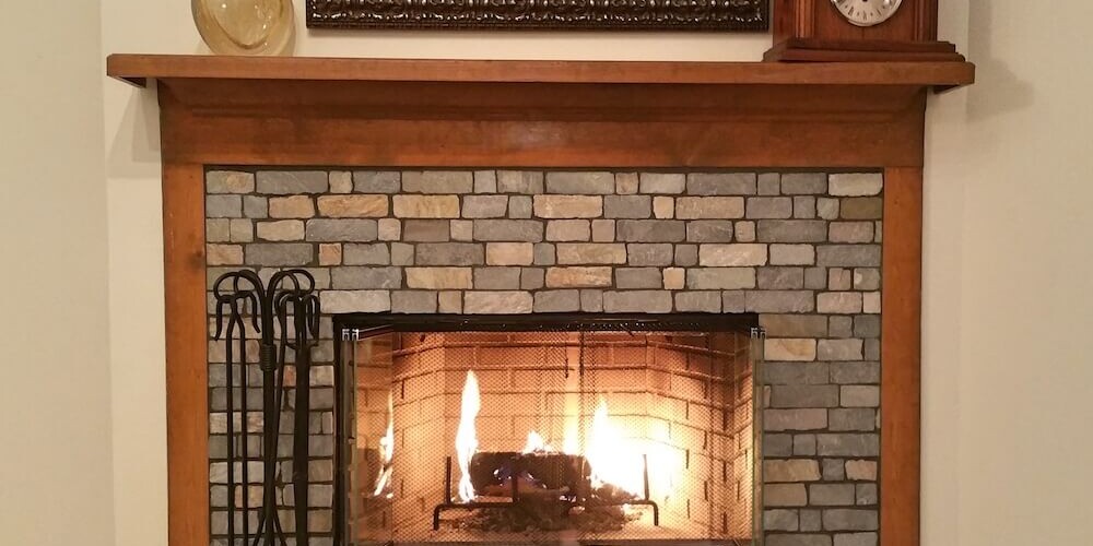 stone fireplace with mantle